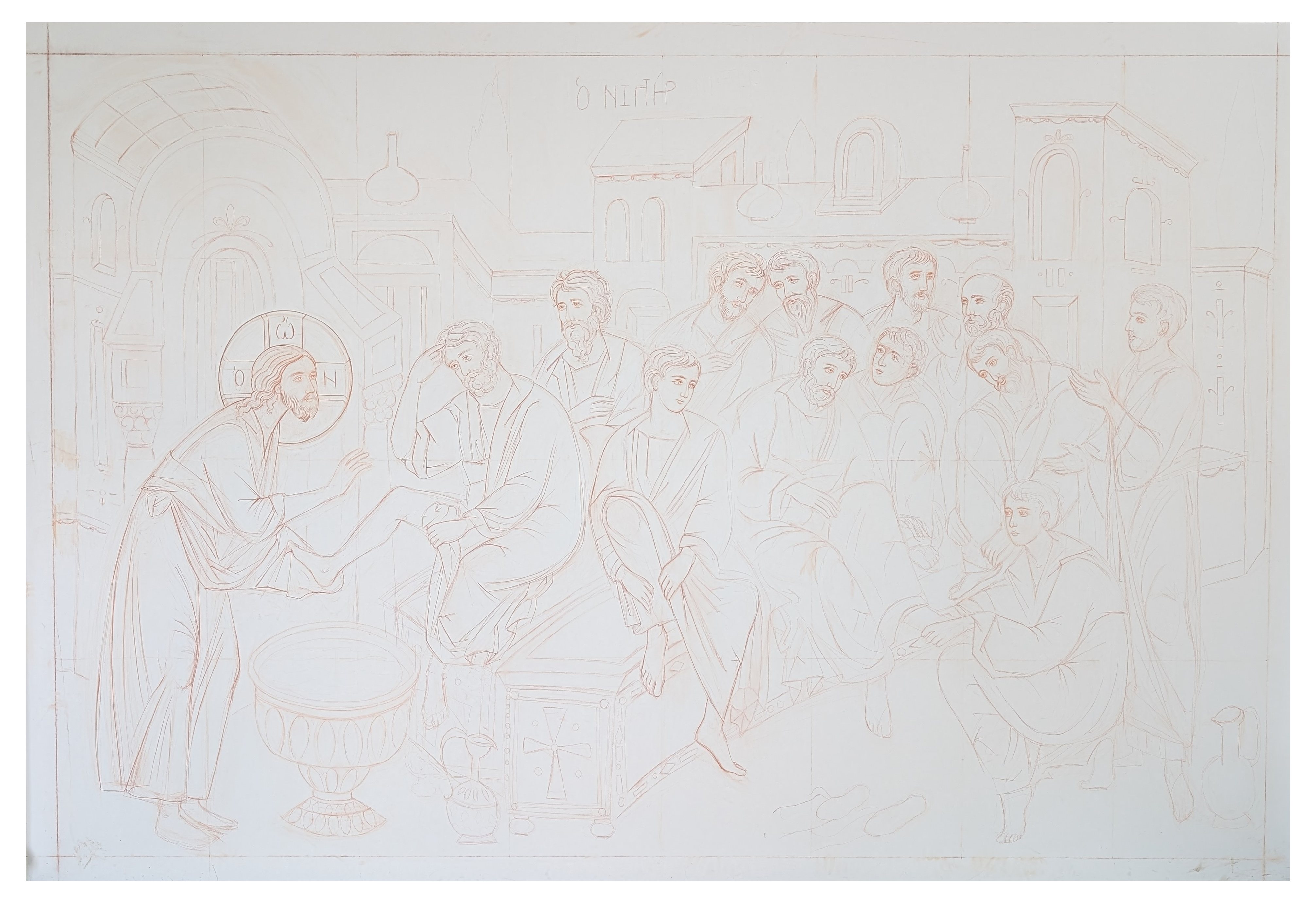 Report du dessin à la sanguine sur le grand panneau préparé : les figures du Christ, des apôtres et l'architecture de Jérusalem apparaissent en traits fins.