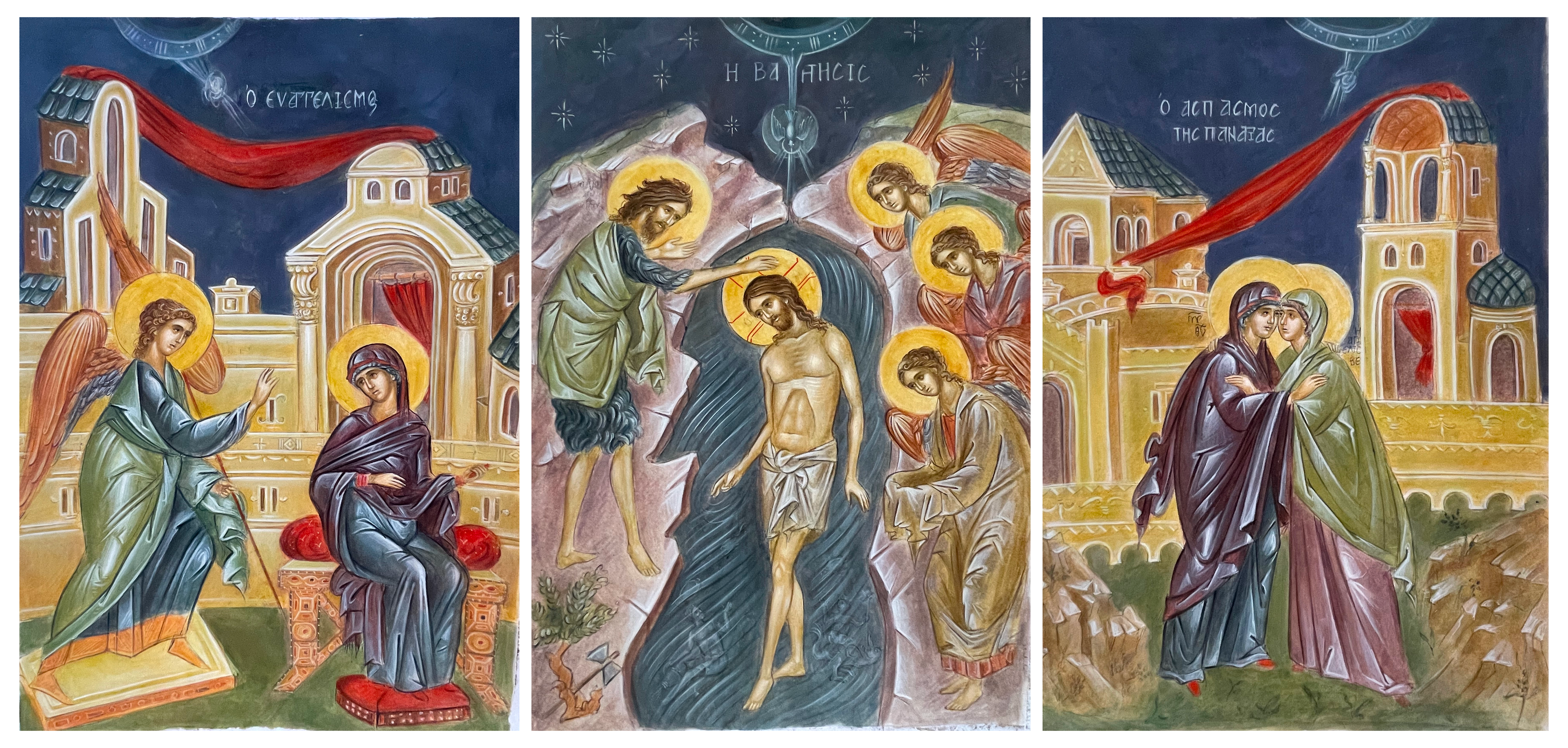 Maquette en couleurs du triptyque : Annonciation à gauche, Baptême du Christ au centre, Visitation à droite.