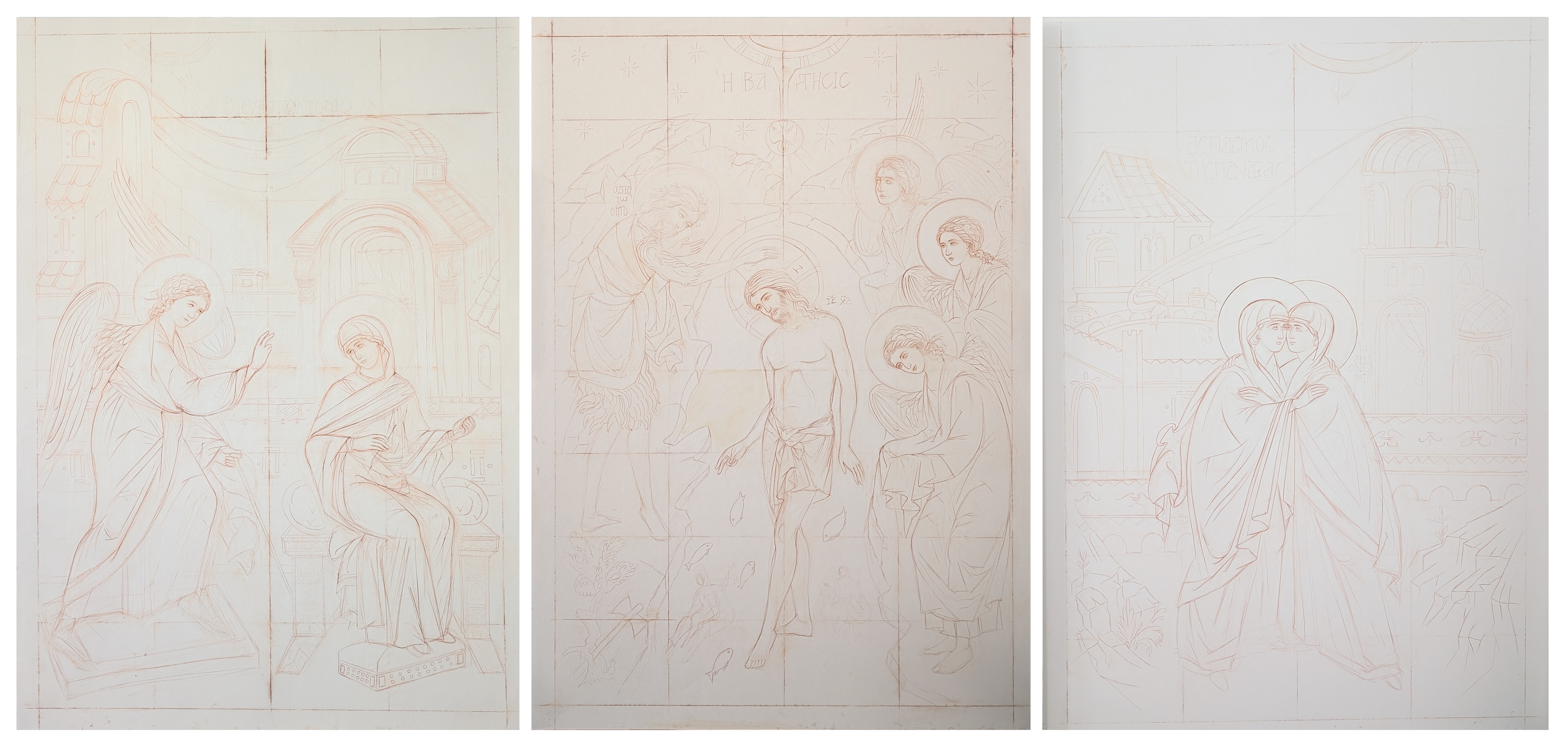 Le dessin reporté à l'échelle réelle sur les trois panneaux du triptyque, lignes à la sanguine sur fond blanc.